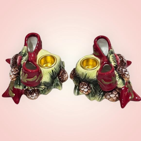 VTG Ceramic Christmas Wreath Candle Holders With Pinecones And Red Bow 3D - Picture 5 of 10